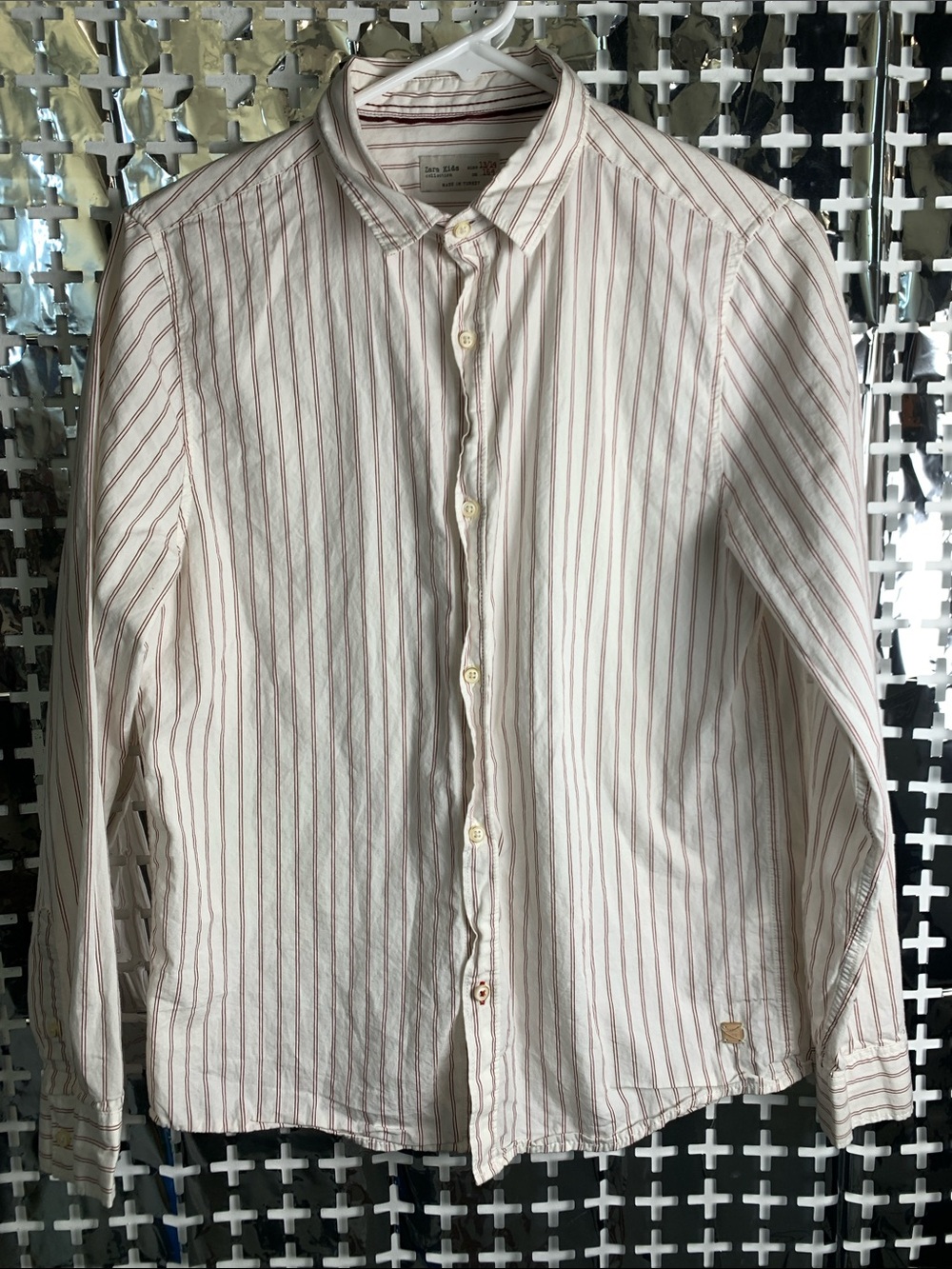 Zara Kids White Button-Down Shirt with Red Pinstripes (Size 13/14)